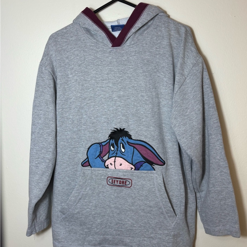 Pooh Disney Eeyore Gray Fleece Pullover Hoodie Women M Cotton Embroidered